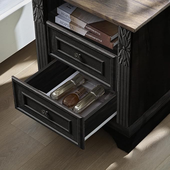Farmhouse Nightstand wtih Charging Station, 20" End Table with 2 Drawers, Night Stand Side Table Storage Cabinet with Carved Pilasters for Bedroom,Wood Rustic, Black