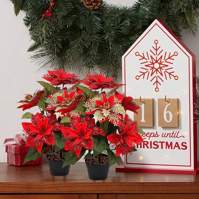 Poinsettia Artificial Christmas Flowers in Pot 7 Heads, 2PCS 13.8 Inch Fake Poinsettias Plants for Home Porch Office Indoor Outdoor Christmas Winter Decorations