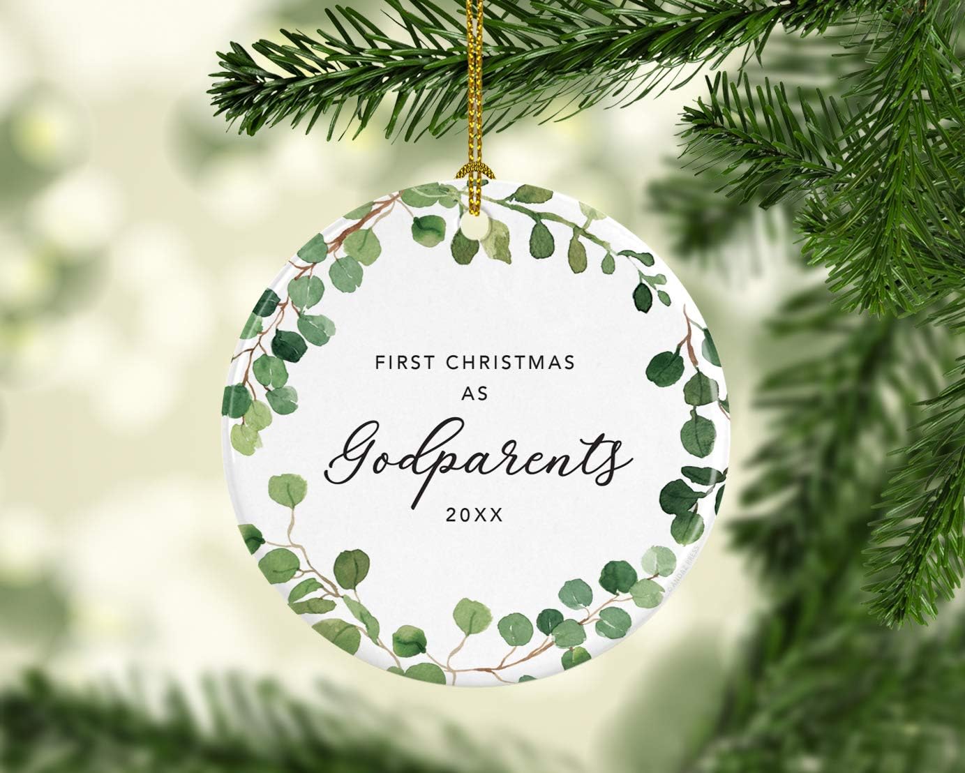 Andaz Press Custom Year Round Ceramic Porcelain Christmas Tree Ornament Keepsake Collectible Gift, First Christmas as Godparents 2025, Farmhouse Eucalyptus Wreath, 1-PackNew