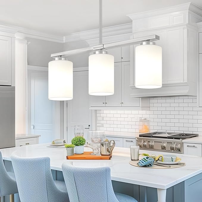 3-Light Kitchen Island Lighting, Brushed Nickel Dining Room Light Fixtures Over Table, Modern Farmhouse Chandeliers with Milky Glass Shade Pendant Light for Dining Room Kitchen Island