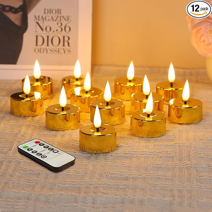 Eywamage Gold Christmas LED Tealights with Remote Batteries, Flickering Flameless Tea Lights Votive Candles Set of 12