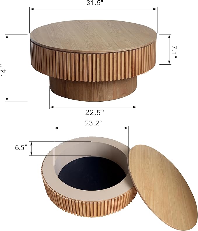 31.5" Round Coffee Table with Hidden Storage Compartment, Modern Handcraft Fluted Drum Coffee Table, Wooden Circle Center Table Cocktail Tea Table with Sturdy Pedestal for Living Room,Natural