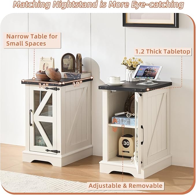 Narrow Night Stand Set 2, Farmhouse Side End Table with Glass Barn Door Storage, Bedside Tables, White Nightstand Cabinet Organizer for Small Spaces Living Room Bedroom