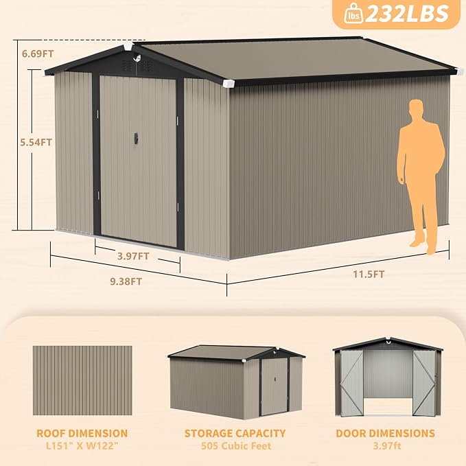 Metal Storage Shed 10x12,Outdoor Storage Building,Large Backyard Sheds with Lockable Doors,Waterproof Outside Storage Shed
