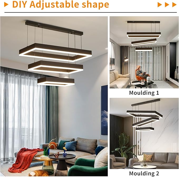 Modern Chandeliers for Living Dining Room, 3-Ring Rectangular LED Chandelier Light Fixture with Remote Control Dimming, Hanging Pendant Light with Adjustable Height, Black