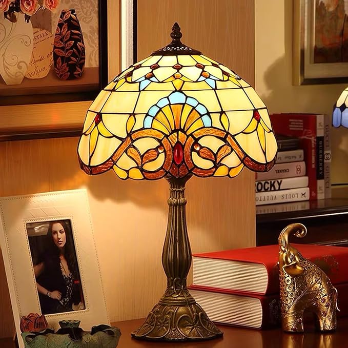 Tiffany Style Lamp 12 Inches,Yellow Stained Glass Table Lamp, Baroque Style Desk Lamp for Bedroom,Living Room,Home Office