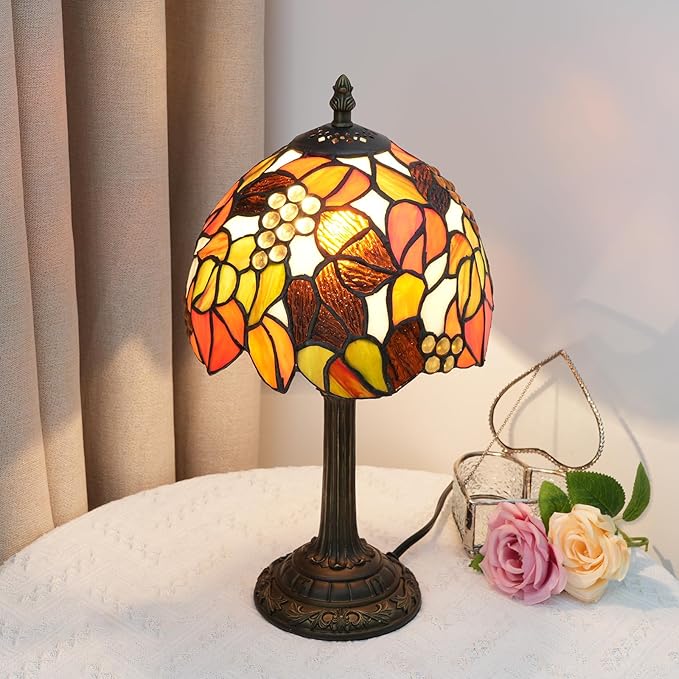 Tiffany Stained Glass Table Lamp Orange Grape Bedroom Bedside Reading Desk Light for Office Dormitory Bar Decorate Retro Style Unique Cute Accent Decor Cottage 8" Village Nightstand Lamps