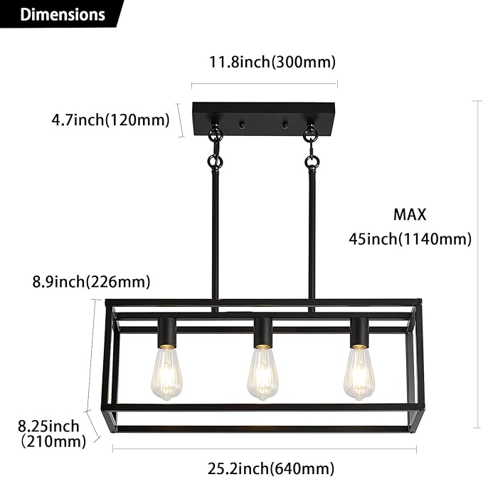 XILICON Kitchen Island Lighting 3 Black Farmhouse Modern Linear Chandelier Industrial Dining Room Rectangular Light Fixtures for Living Room Foyer Bar