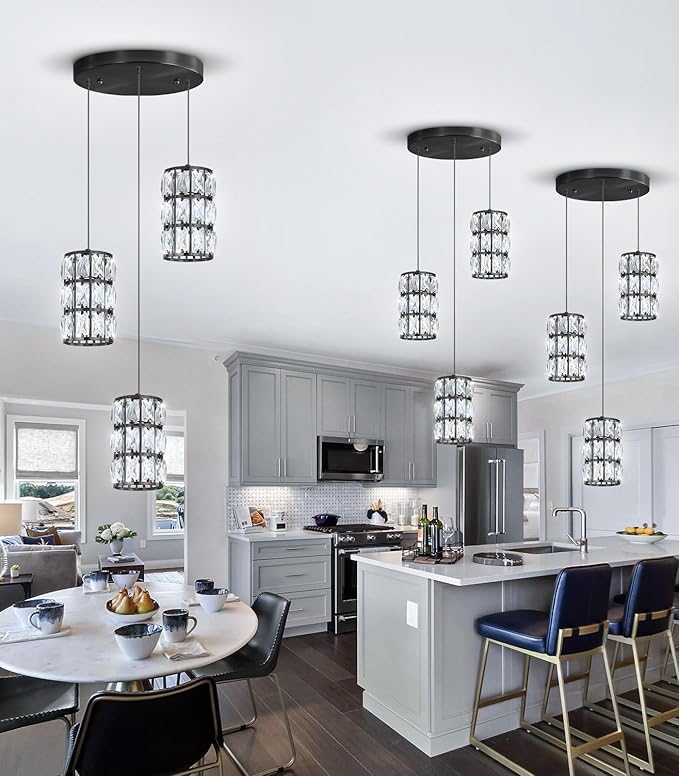 3-Lights Modern Crystal Pendant Lights for Kitchen Island LED Dimmable Glam Pendant Lighting Chandelier for Dining Room Hallway Corner Lamp Black