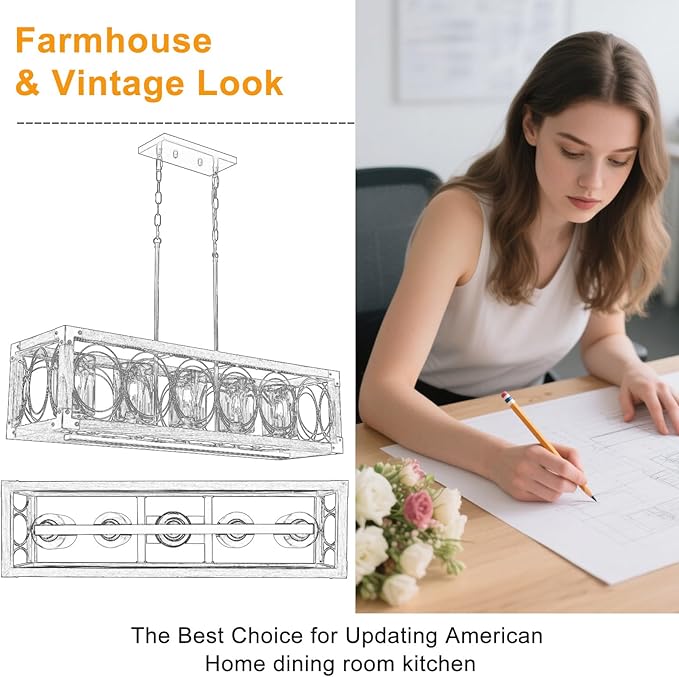 35.5" Dining Room Light Fixture/Chandelier Over Table, 5-Light Rustic Wood Kitchen Island Lighting with Clear Glass Shade Farmhouse Hanging Pendant Lights Fixtures for Kitchen Island Dining Room‌ Bar
