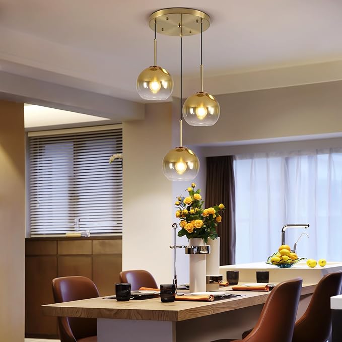 Mikeru Modern Gold Glass Chandelier, 3 Light Cluster Pendant Light Fixtures Kitchen Island Lighting Kitchen Island Pendant Lighting Hanging Lights Multi Light Large Pendant Lighting（Without Bulb）