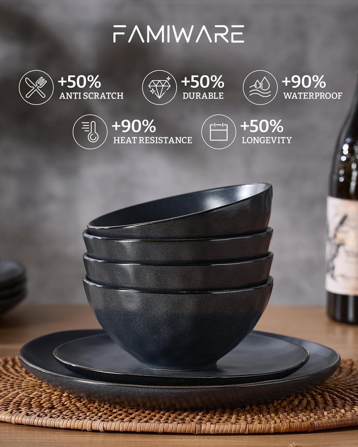 Famiware Dinnerware Sets for 4, Ocean Round 12-Piece Kitchen Plates and Bowls Sets, Microwave and Dishwasher Safe, Scratch Resistant, Matte Black