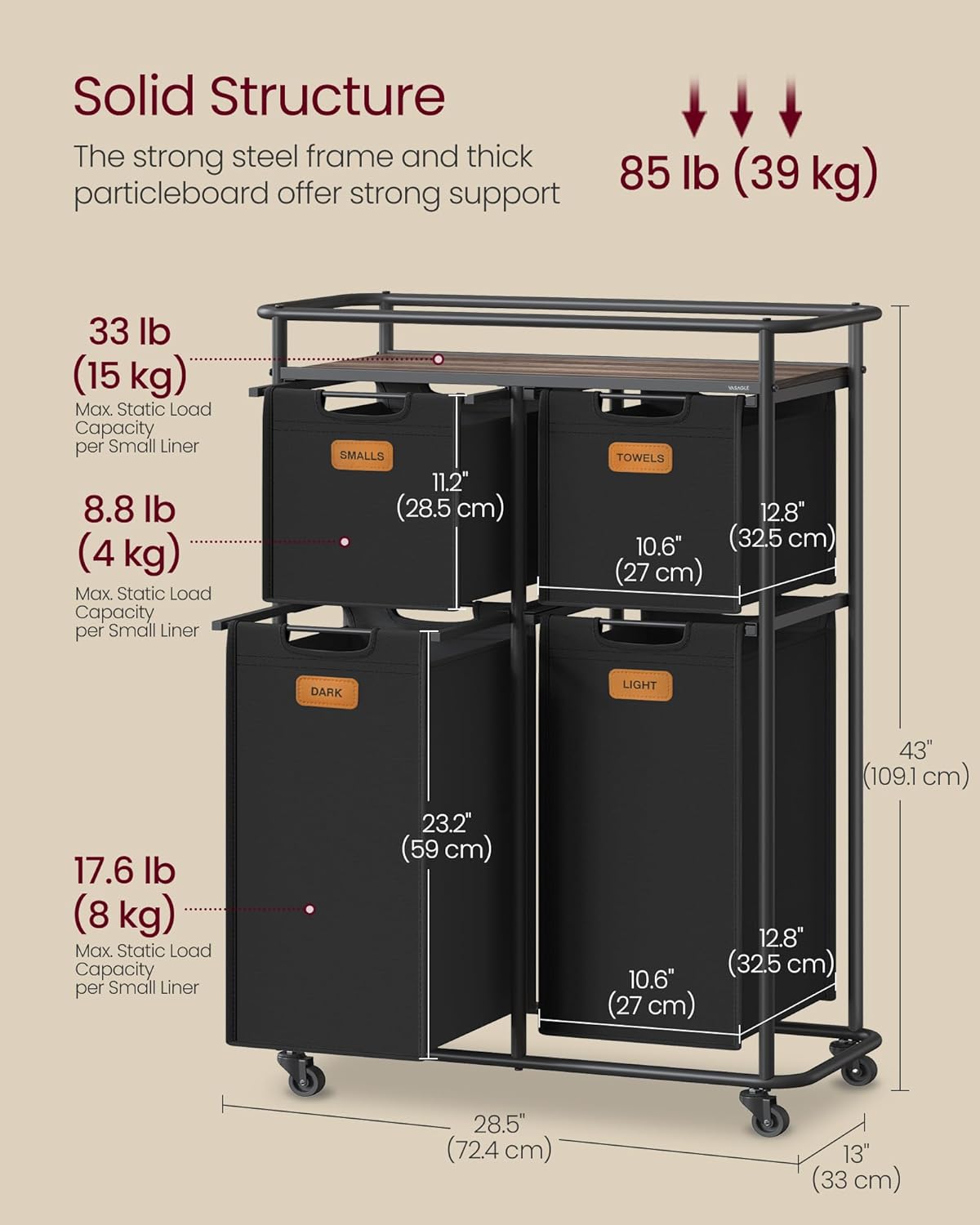 VASAGLE Laundry Sorter, Laundry Hamper with Wheels, 39.6 Gal. (150 L) Portable Rolling Cart Baskets with Shelf, 4 Removable Liners and 6 Labels, Ink Black and Chestnut Brown URLS100B01