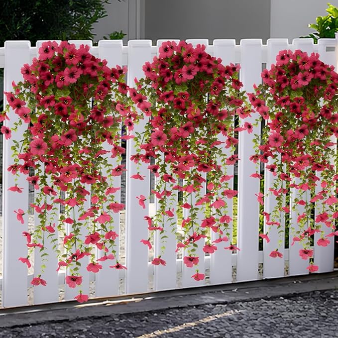 EROCK Artificial Flowers for Outdoors, 4PCS Fake Silk Hanging Flowers for Decoration UV & Fading Resistant, Realistic Faux Plants & Flowers for Porch Patio Balcony Window Box Home Decor (Rose Red)