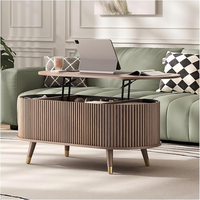 Oval Coffee Table with Storage,42.5” Mid Century Modern Coffee Table with Lifting Top,Fluted Center Tables for Living Room,Home Office,Walnut