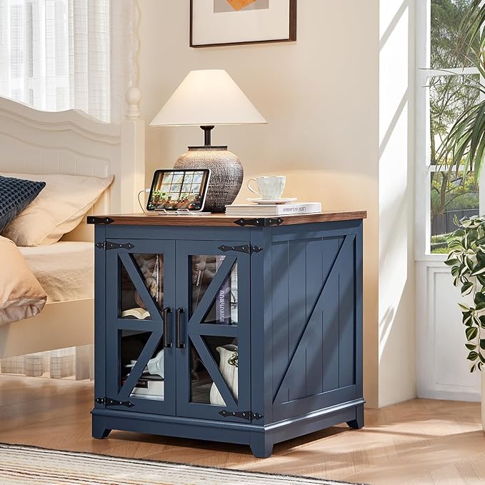 Farmhouse End Table,24" Large Sofa Side Table with Charging Station Glass Barn Door,Wood Nightstand with Adjustable Storage Shelf,Square Bedside Table for Living Room,Bedroom,Office-Blue