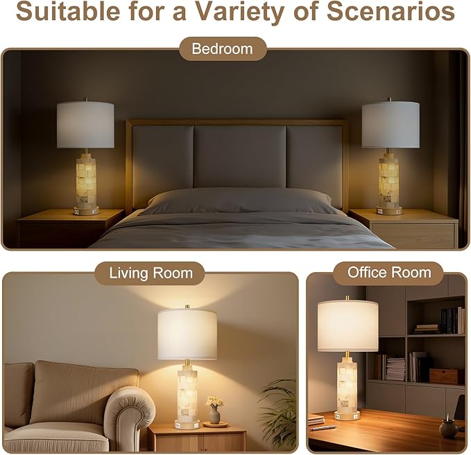 27" Natural Alabaster And Wood Table Lamp Set of 2 With Night Light Nightstand Lamps With USB Ports White Linen Fabric Shade Bedside Lamp Decor For Living Room Bedroom Home Office Hotel Bar House