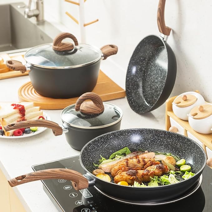Non Stick Pots and Pans Set, Healthy Ceramic Cookware Set, 12pcs Kitchen Cooking Pots and Frying Sauce Saute Pans Set, PFAS-Free with Kitchen Utensils and Lid, Black