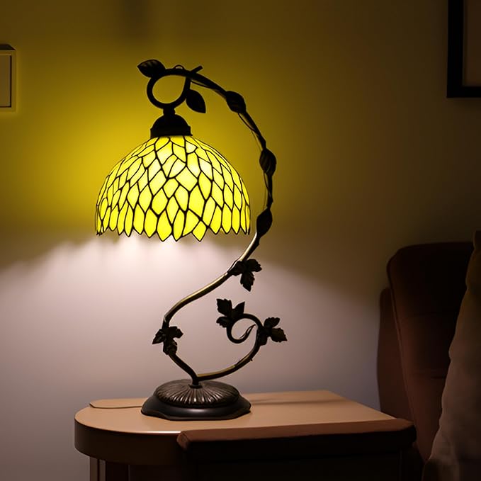 Tiffany Table Lamp, Stained Glass Desk Reading Light,Metal Leaf Table Lamp Base 8X10X21 Inches (Yellow Wisteria)
