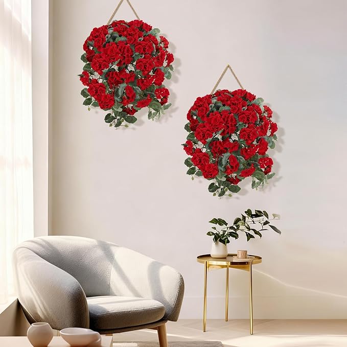 Artificial Geranium Flowers for Outdoors – 4 Bundles of Red Silk Flowers with Hanging Vines, Fake Christmas Plants for Front Door Garden Porch Planter Patio Balcony Yard Indoor Home