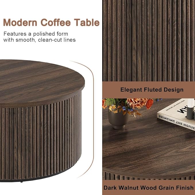 FATORRI Round Coffee Table, Fluted Woodern Center Table with Storage, Mid-Century Modern Cocktail Tables for Small Space, Living Room, Bedroom (31.5 Inch, Dark Walnut)