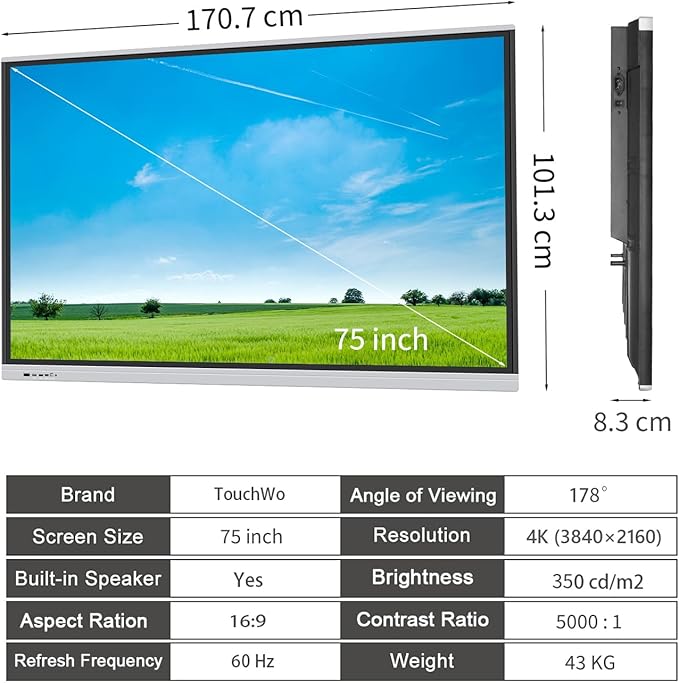 75" Touchscreen Monitor Smart Board, 4K Interactive Presentation Electronic Whiteboard with Android 13, Digital Signage Display for Office, Classroom,RAM 4GB+ ROM 32GB