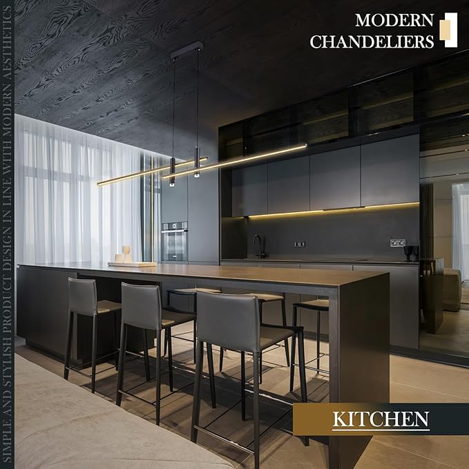 Modern LED Chandelier47.3 Black Kitchen Island Pendant Light Fixtures Linear Pendant Lighting with Remote Dining Rooms Living Room Dimmable 3000K-6000K