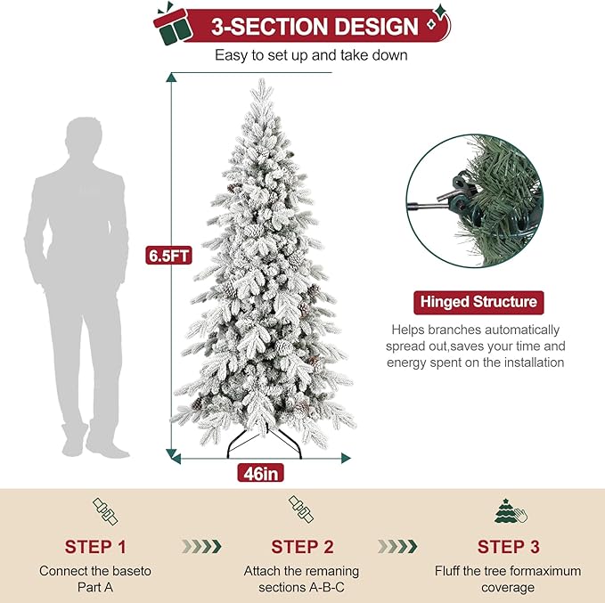 6.5 FT Snow Flocked Slim Fir Christmas Tree with 1085 PE & PVC Mixed Branch Tips,Unlit Artificial Skinny Pencil Xmas Tree with 37 Pine Cones,Hinged Premium Xmas Trees for Home,Office,Party Decoration