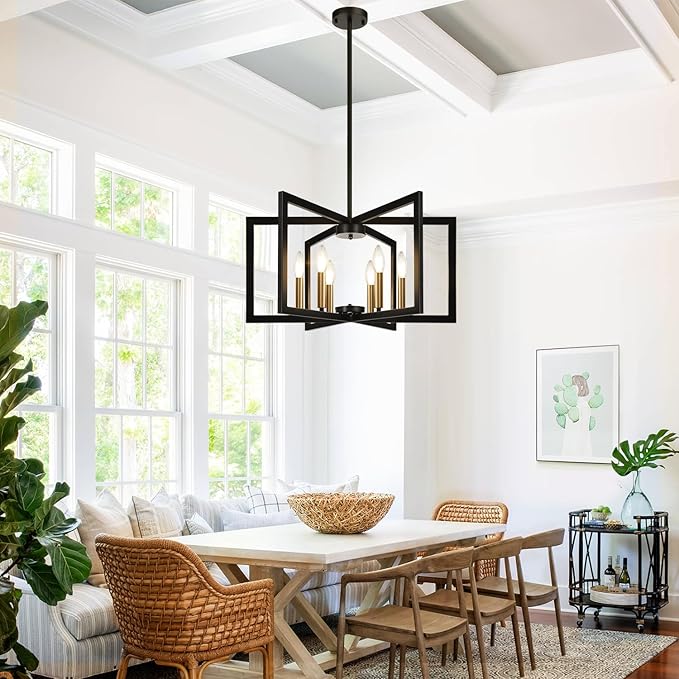 25" Modern Black and Gold No Assembly Required Chandelier for Dining Room, Black and Gold Dining Room Light Fixture Over Table, Industrial Metal Hanging Pendant Light for Kitchen Island, Entryway