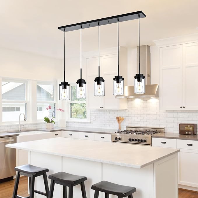 MELUCEE Kitchen Island Lighting Modern 5 Lights Linear Chandeliers for Dining Room, Industrial Black Pendant Light Fixtures Ceiling Hanging with Clear Glass Shade, 37 Inches Length