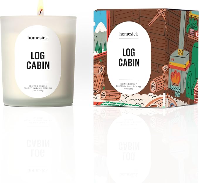 Homesick Log Cabin Scented Candle – 13.75 oz Non-Toxic, Natural Soy Wax in Cozy Amber & Smooth Tonka Bean Scent, Organic Cotton Wick, 60-Hour Burn, Engagement Gifts for Couples in Reusable Jar