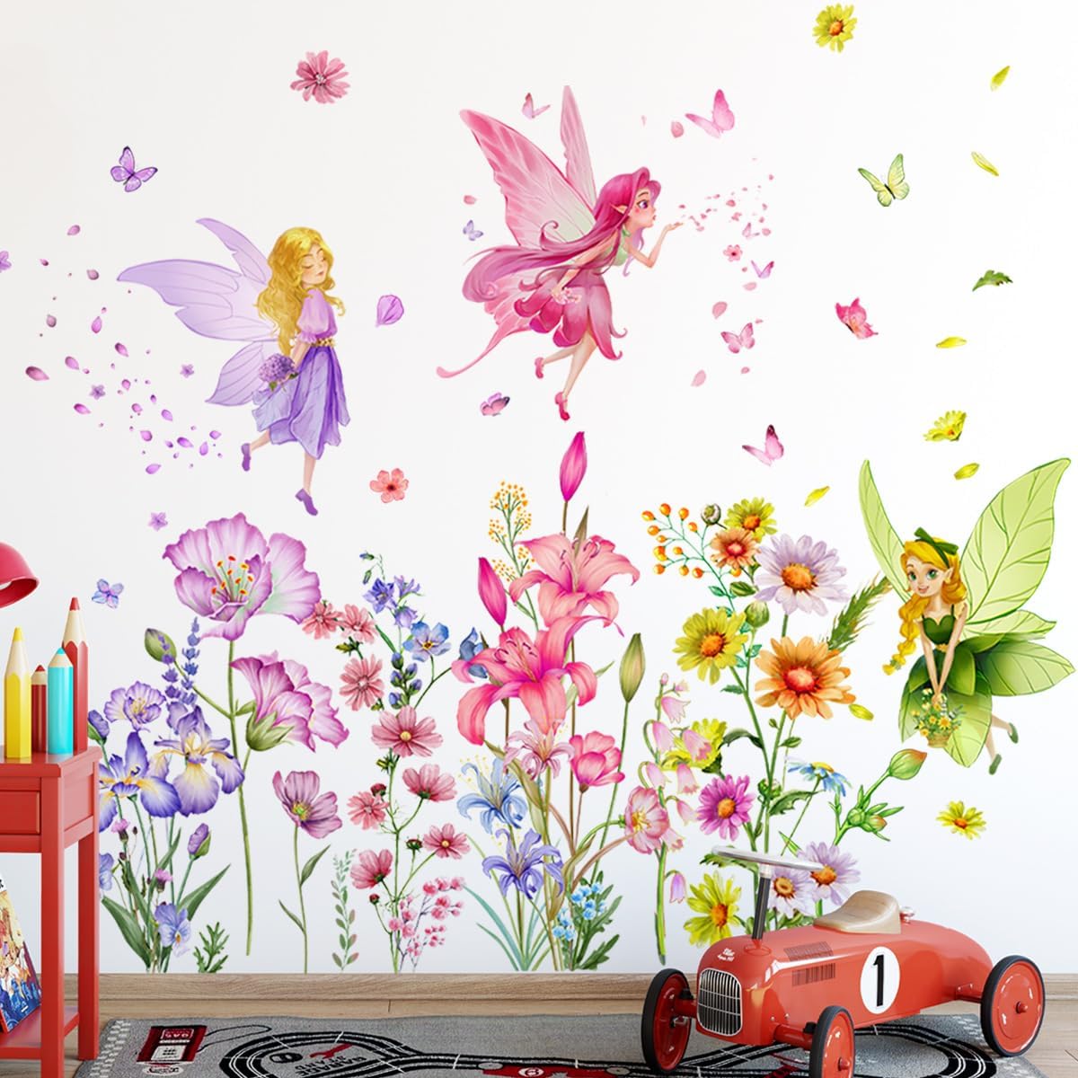 Set of 3 Sheets Size 40x12 Inch Spring Summer Window Cling Sticker Angels, Flowers, and Butterfly Window Stickers, Spring and Summer Decor, Wall, Window Glass Display Stickers (Fairy Theme)