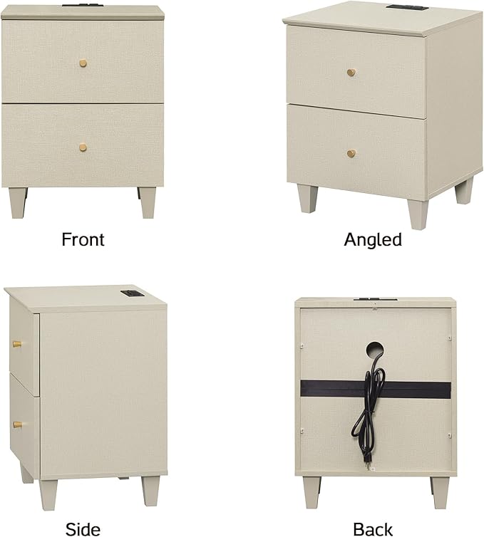WAMPAT Bedside Table with Charging Station, 2 Drawers, 2 AC Outlets and 2 USB Ports, Nightstand for Bedroom, Modern Mid-Century End Table with USB Hub for Living Room, Beige Linen Printed Finish