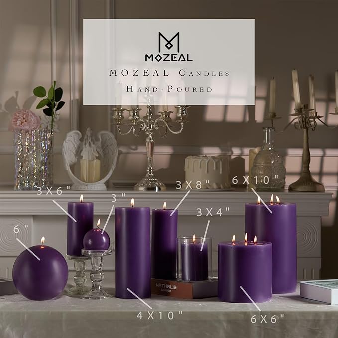 MOZEAL 3" x 6" Hand-Poured Unscented Candle,Dripless Pillar Candle Set of 3,Long Lasting Burning,Approx 120 Hours Burn Time,Rustic Country Style,for Wedding,Dinner,Christmas and Home Decor,Purple