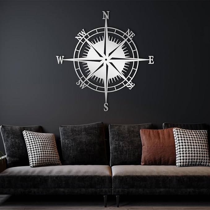 Metal Compass Rose Wall Decor - Nautical & Ocean Theme Wall Hanging, Black, 19"x19" (47x47cm) for Living Room
