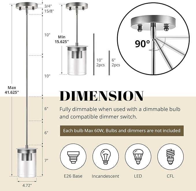 Modern Pendant Light Glass Shade, Kitchen Island Pendant Lighting with Glass Shade for Dining Room,Bedroom, Bar,Office,Farmhouse,Sand Nickel,4.72 Inch Shade 40 Inch Cord
