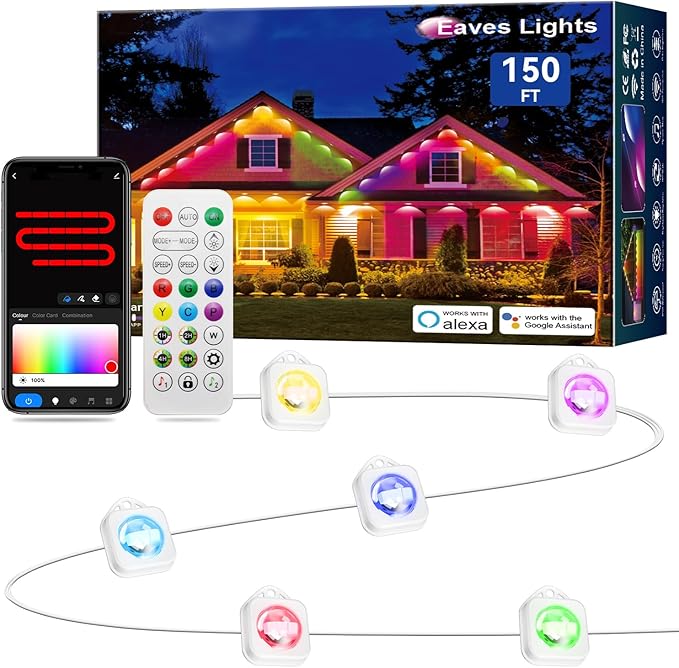 Permanent Outdoor Lights, 150ft Smart IC+RGB Outdoor Christmas Lights with 108 LED, IP67 Waterproof LED Eaves Lighting with DIY Scene Modes for Halloween Holiday Decor, Smart APP & Remote Control