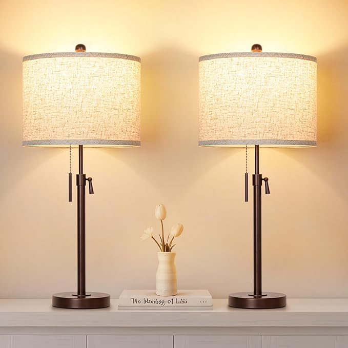 Table Lamps for Bedrooms Set of 2, 22" to 30" Height Adjustable Nightstand Lamps with Linen Shade, Pull Chain Switch Lamps for Living Room, 3 Way Dimmable Beside Lamp