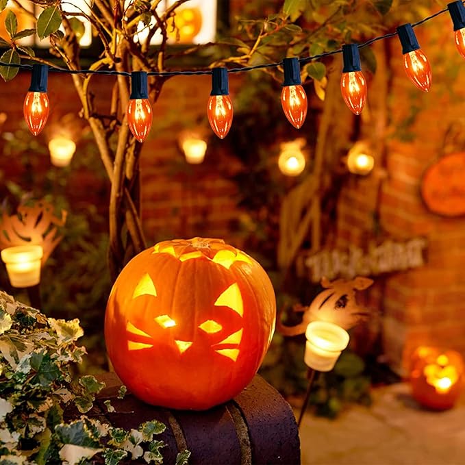 C9 Orange Halloween String Lights, 25Ft Christmas Outdoor String Lights with 26 Clear Orange Bulbs(1 Spare), Hanging Patio Lights for Outdoor Halloween Christmas Roofline Party Decoration- Black Wire