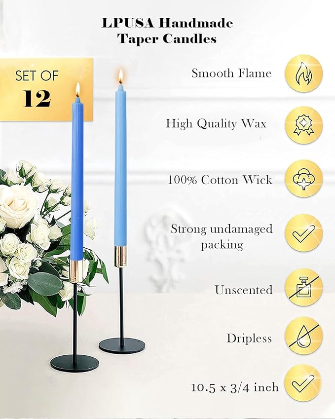 Blue Taper Candles 10.5 inch Ribbed Tapered Candles Ideal as Dinner Candle Smokeless Driples Unscented Candlesticks Long Burning,Set of 12