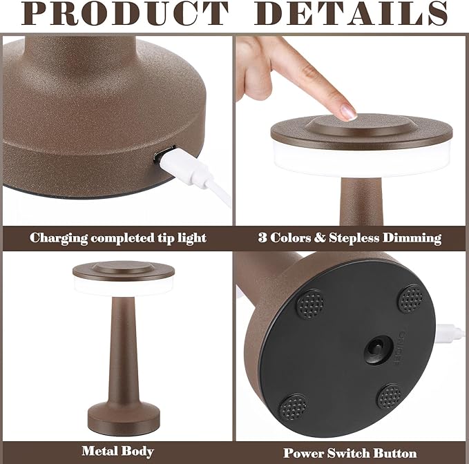 Riakrum 2 Pcs LED Portable Cordless Table Lamp with Touch Sensor 3 Color Stepless Dimming Rechargeable Battery up to 15 Hours Cordless Table Light Wireless Lamp for Nursery (Brown)