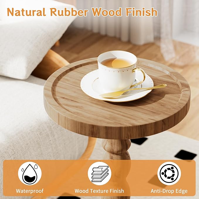 Small Side Table, Rubberwood‌ Drink Table for Small Spaces, Solid Wood Pedestal Tables, Round End Tables for Living Room, Bedroom, Corners, and Office (Brown, 9.4 inch)