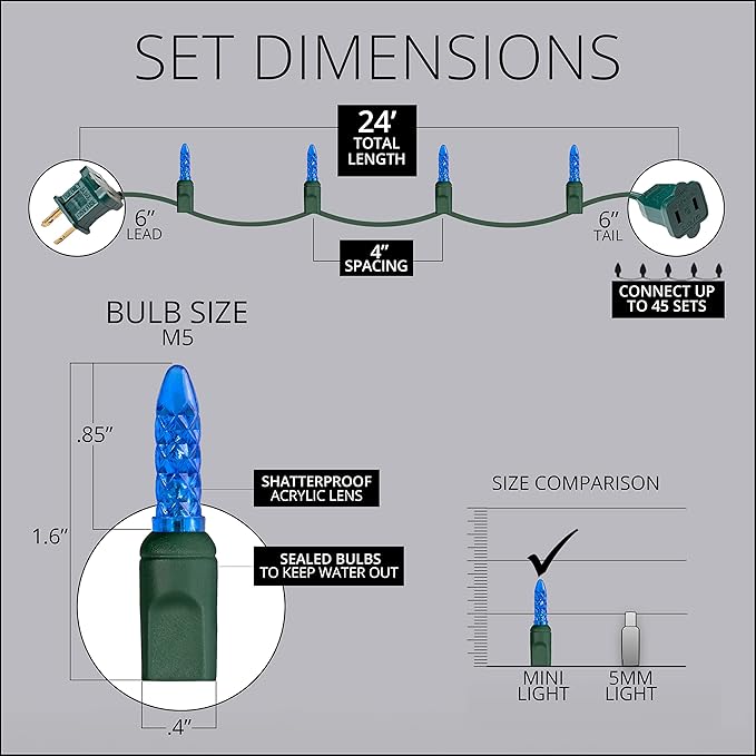 M5 LED Mini Ice Blue Prelamped Light Set, Green Wire - 70 M5 Blue LED Christmas Lights, 4" Spacing