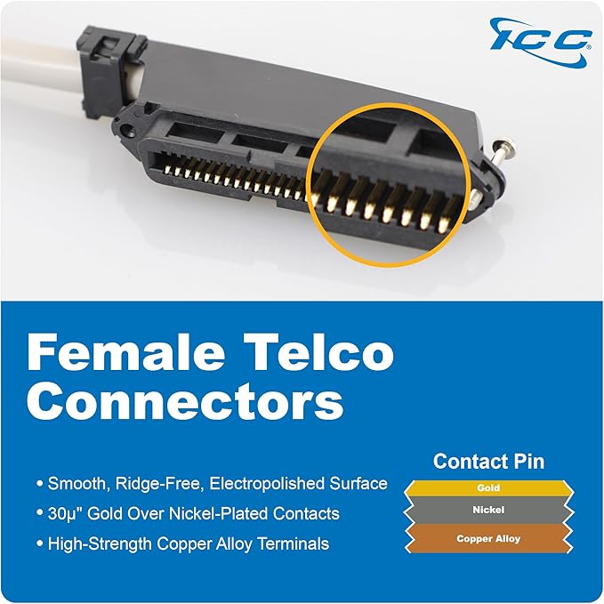 ICC Female to Female 25 Pair Telco Cable 25ft - Cat3 24AWG, 100% Solid Pure Copper, Gray Riser CMR Cable with 90 Degree 50 Pin Telco Connector for Voice and Low Data PBX Applications, 25 Feet
