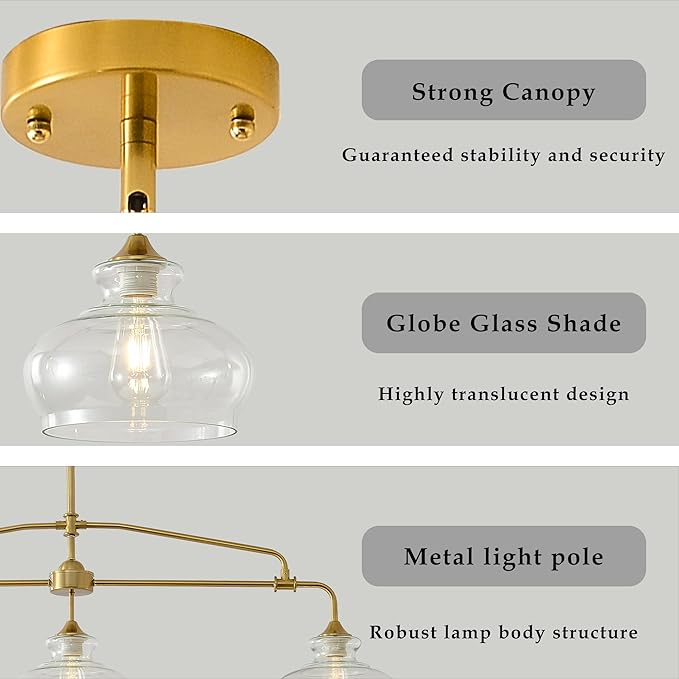 Industrial Modern 3 Light Chandelier Gold Rustic Linear Pendant Light Minimalist Country Luxury Chandeliers Adjustable Height with Glass Lampshade for Dining Room Island Living Room Foyer (3 Light)