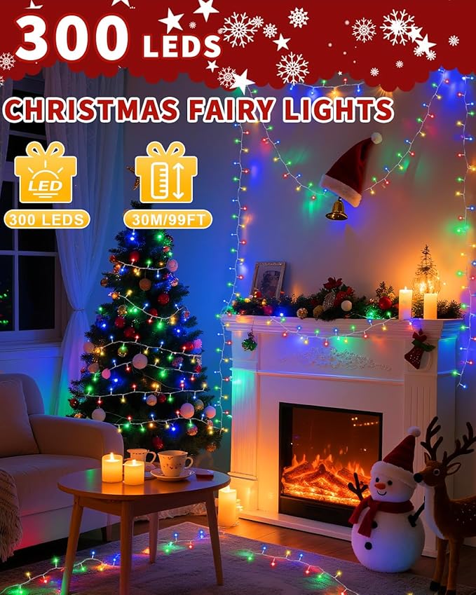 Christmas Lights String Outdoor Indoor,Xmas Tree Decorations Lights,Plug in Twinkle Fairy Light with Remote Timer for Room Yard Holiday Party Wedding Camping Decor (Multicolor, 108FT 300 LED)