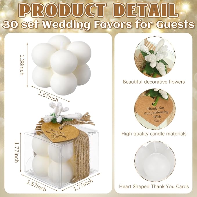 MTLEE 30 Sets Mini Bubble Candles Wedding Favors Gifts for Guests 1.57" x 1.38" Bubble Candles with Cards Dried Flowers DIY Gift Set for Baptism Party Bridal Shower Thank You Gifts (White)