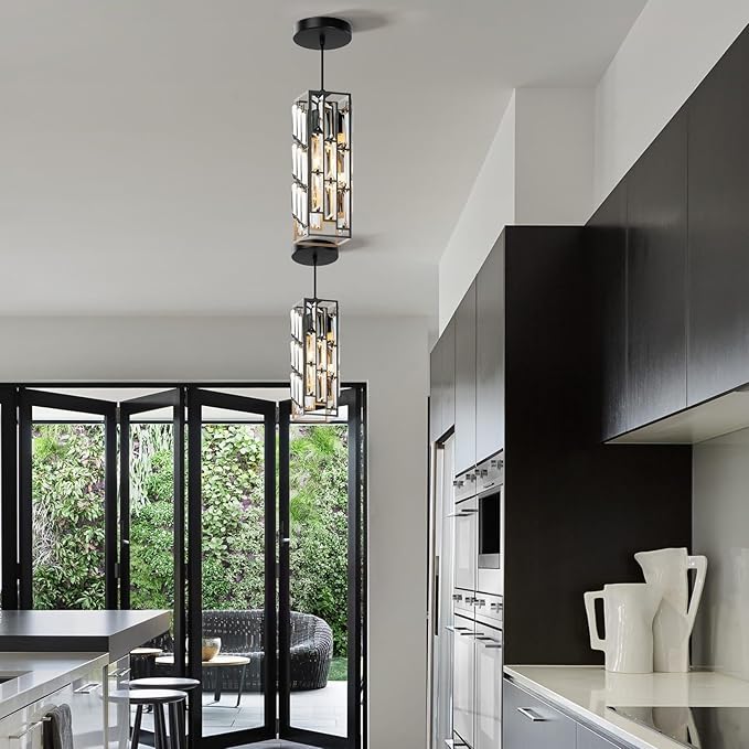 Black Pendant Lights Modern Pendant Light Fixture, Mini Crystal Pendant Ceiling Light, Pendant Light for Kitchen Island, Dinning Room, Bedroom, Kitchen Sink Lighting (2-Pack)