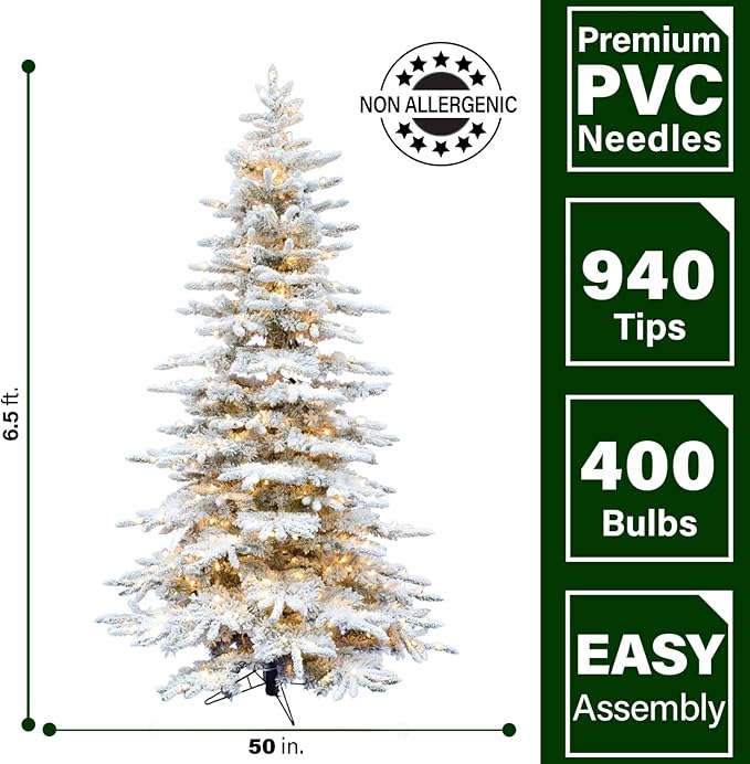 Fraser Hill Farm Pine Valley Flocked Christmas Tree, 6.5 Feet Tall, Snowy Xmas Tree with Easy to Connect, White Incandescent Smart Lights, Modern and Realistic Faux Christmas Tree