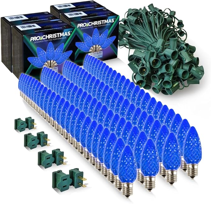 Pro Christmas C9 LED Christmas Light Kit for Rooflines & Pathways – DIY Cut to Length, Outdoor Commercial Grade (Green Wire w/Vampire Plugs, 100 Bulbs, 100 ft) Blue